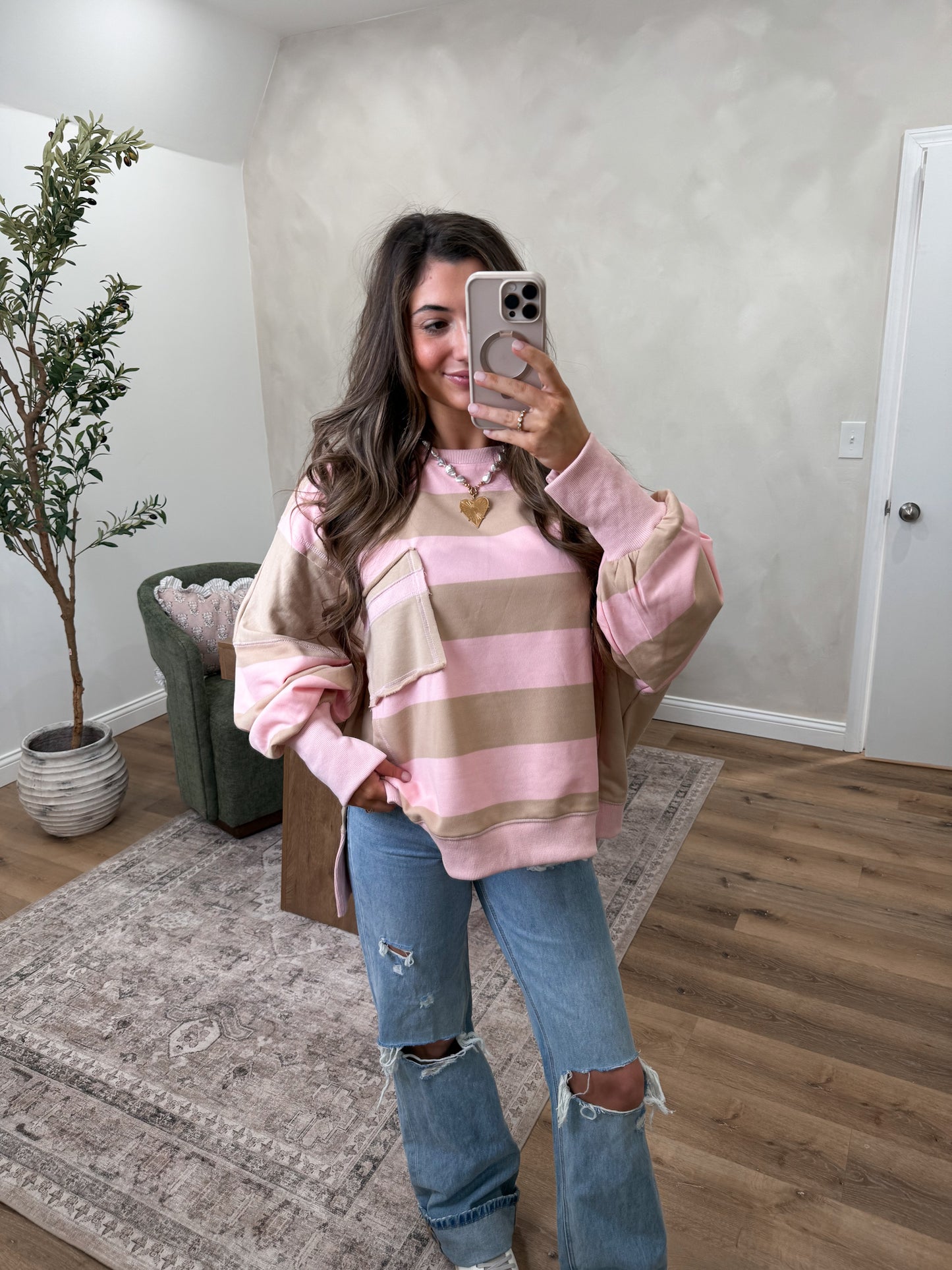 Striped Color Block Sweatshirt - pink/mocha