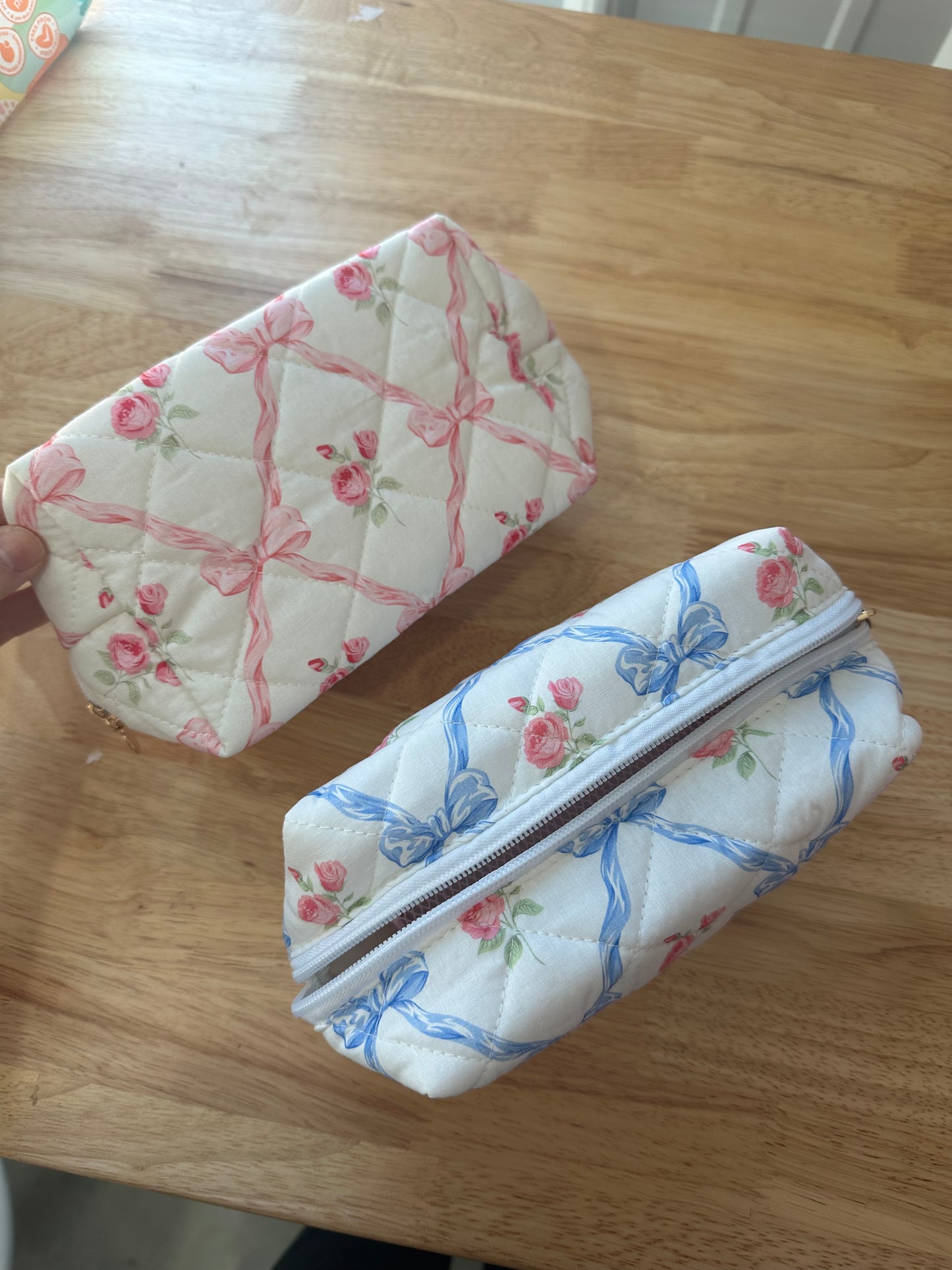 Quilted cosmetic Floral and Ribbon Bags - two colors!