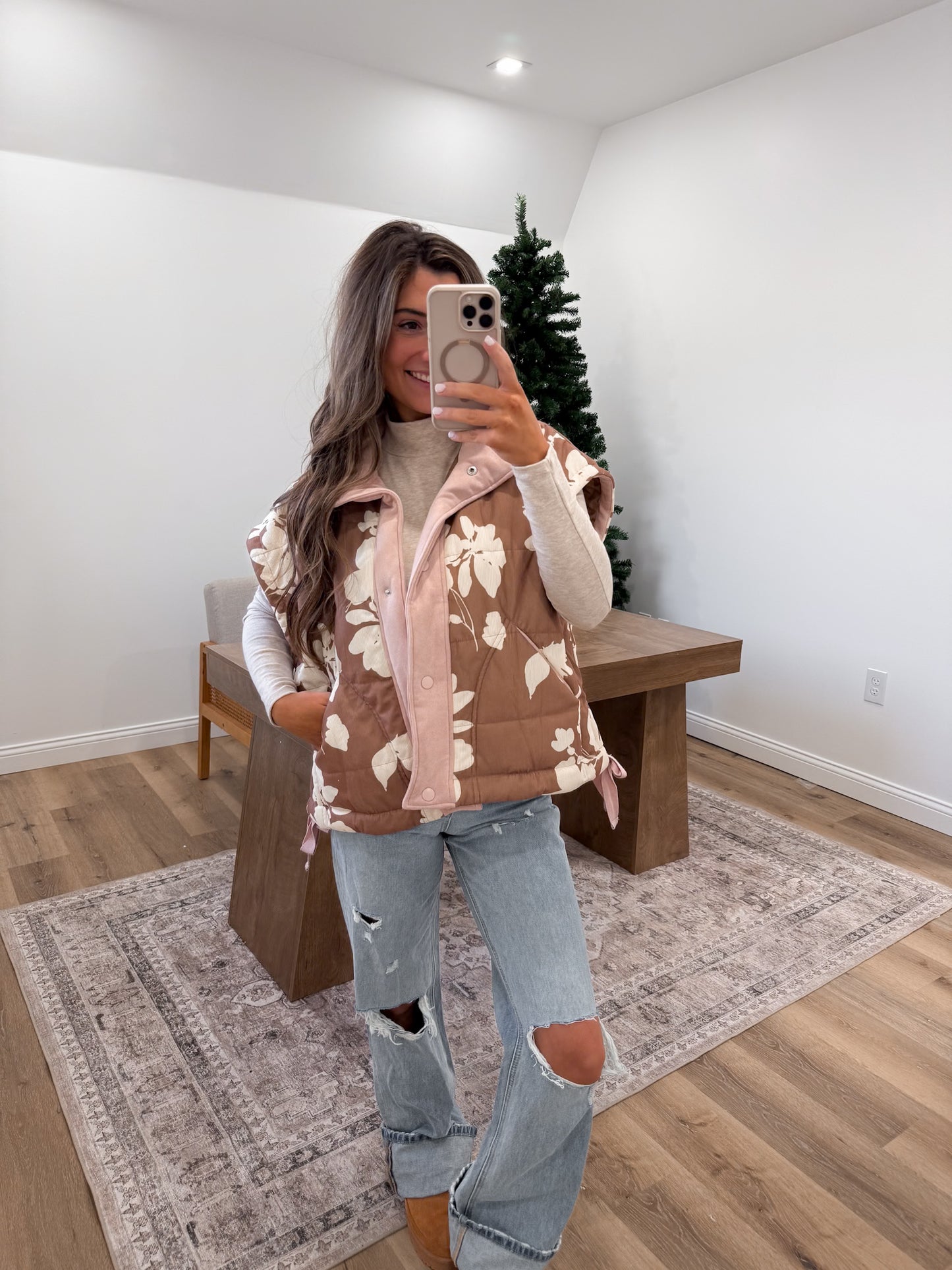 Floral Print Corduroy Vest