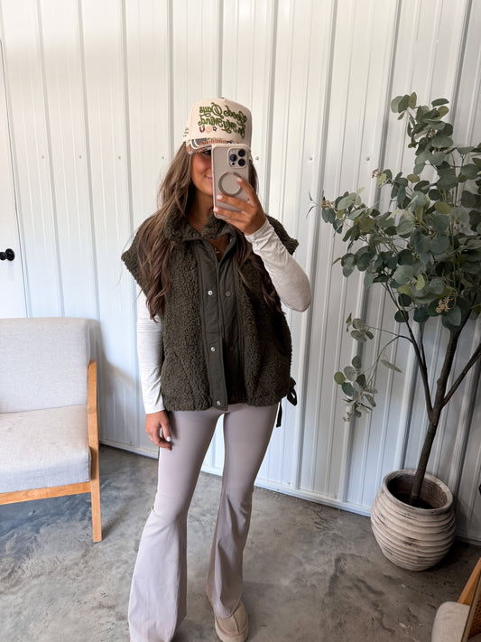 Side Tie Cozy Vest- olive