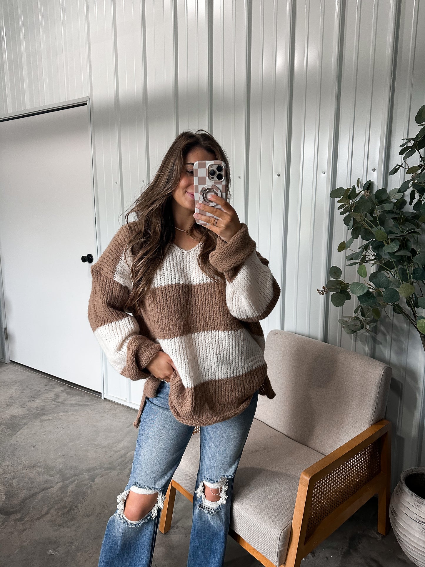 Striped Hacci Knit V Neck Sweater