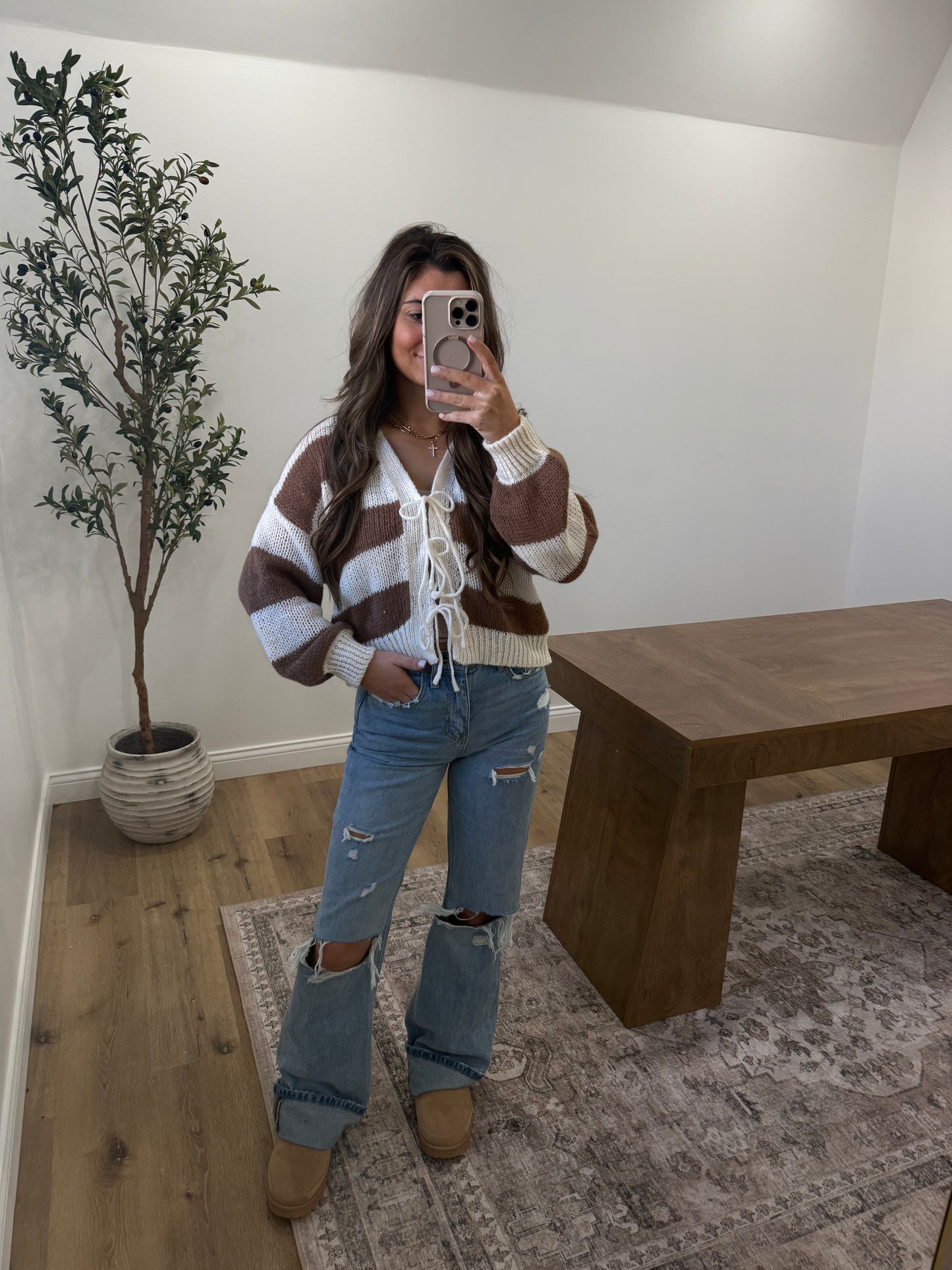Striped Front Tie Cardigan- cream/brown
