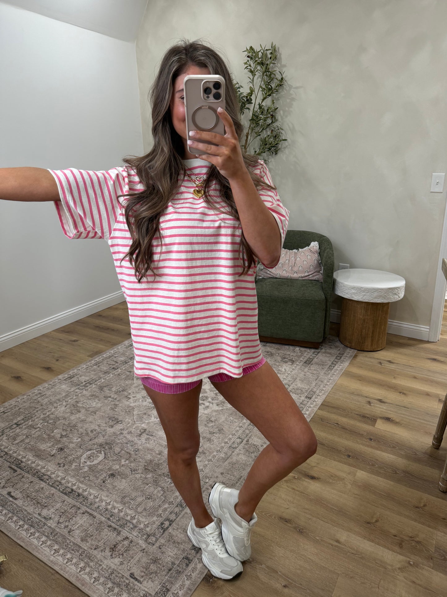Cotton Oversized Mineral Wash Striped Tee - pink