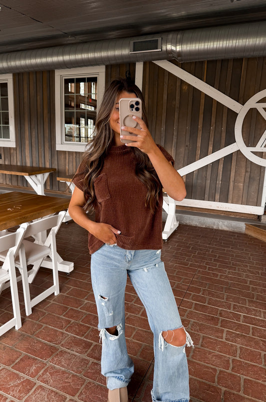 Chenille Waffle Short Sleeve Sweater- Brown DOORBUSTER