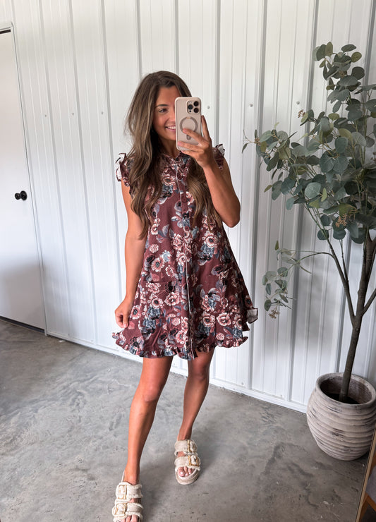 Katie Collared Ruffle Dress- Brown/cream