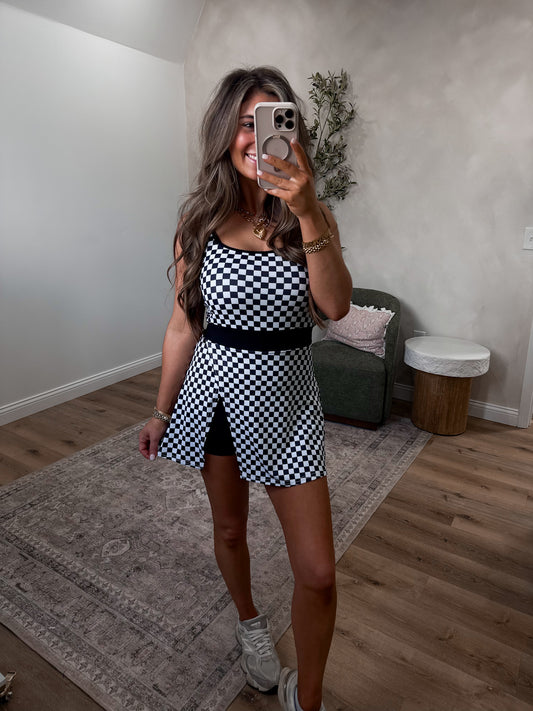 Sculpt Society Gingham Active Romper Dress - black/white