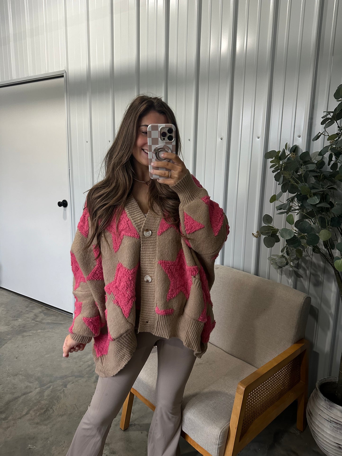 Starry Oversized Cardigan- Taupe/Fushia