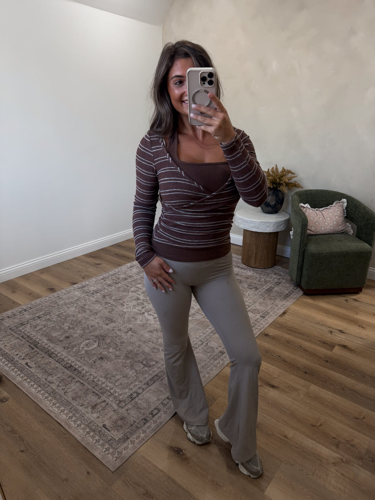 It girl Jersey Halter Neck Layered Striped Henley Top - Brown