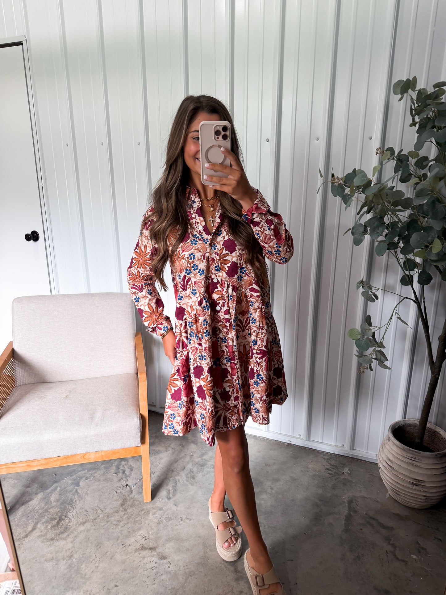Hana Floral Button Dress- cream/rust