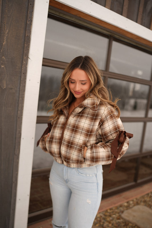 Satin Ribbon Puffer Jacket - brown/ivory