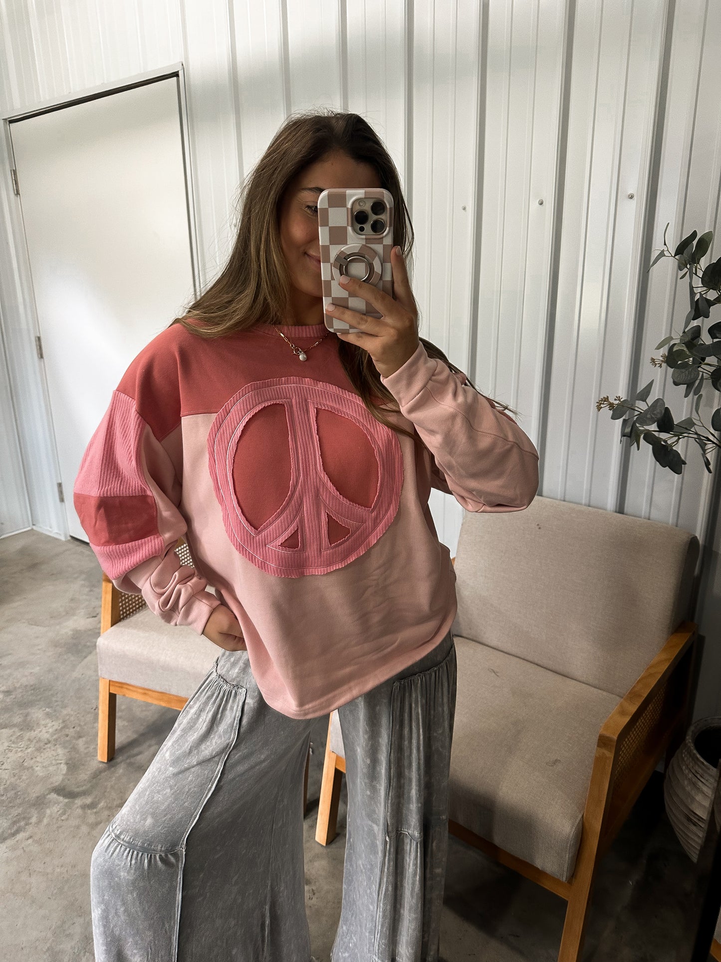 Boho Peachy Pink Peace Sign Pullover