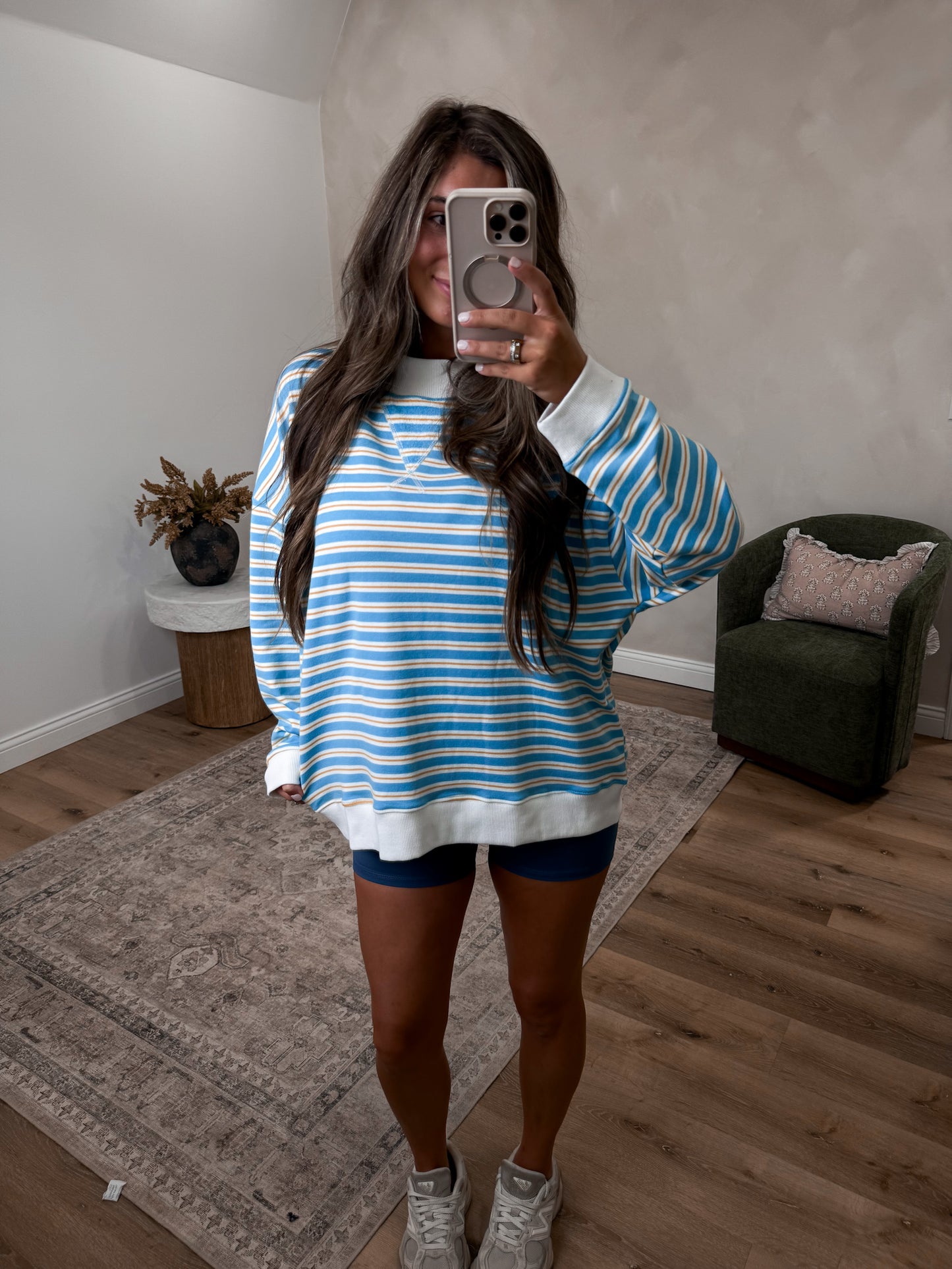 Terry striped Mock Neck Pullover - blue/white