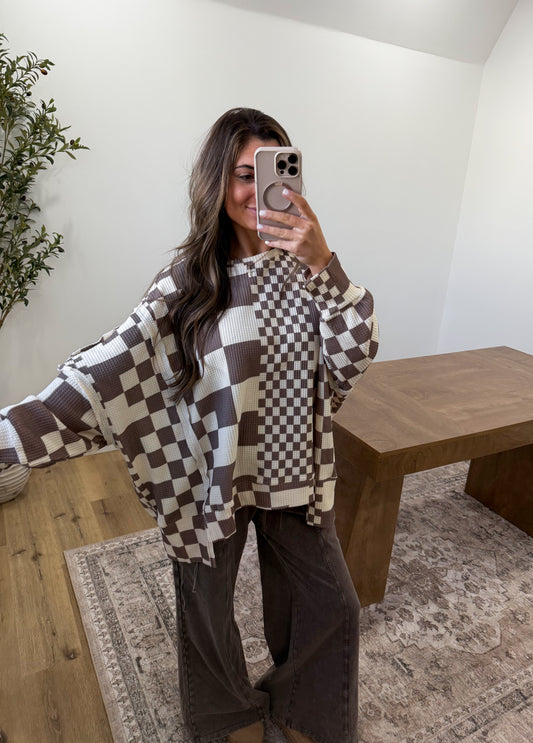 Checker Print Oversized Waffle Pullover- Mocha/oat