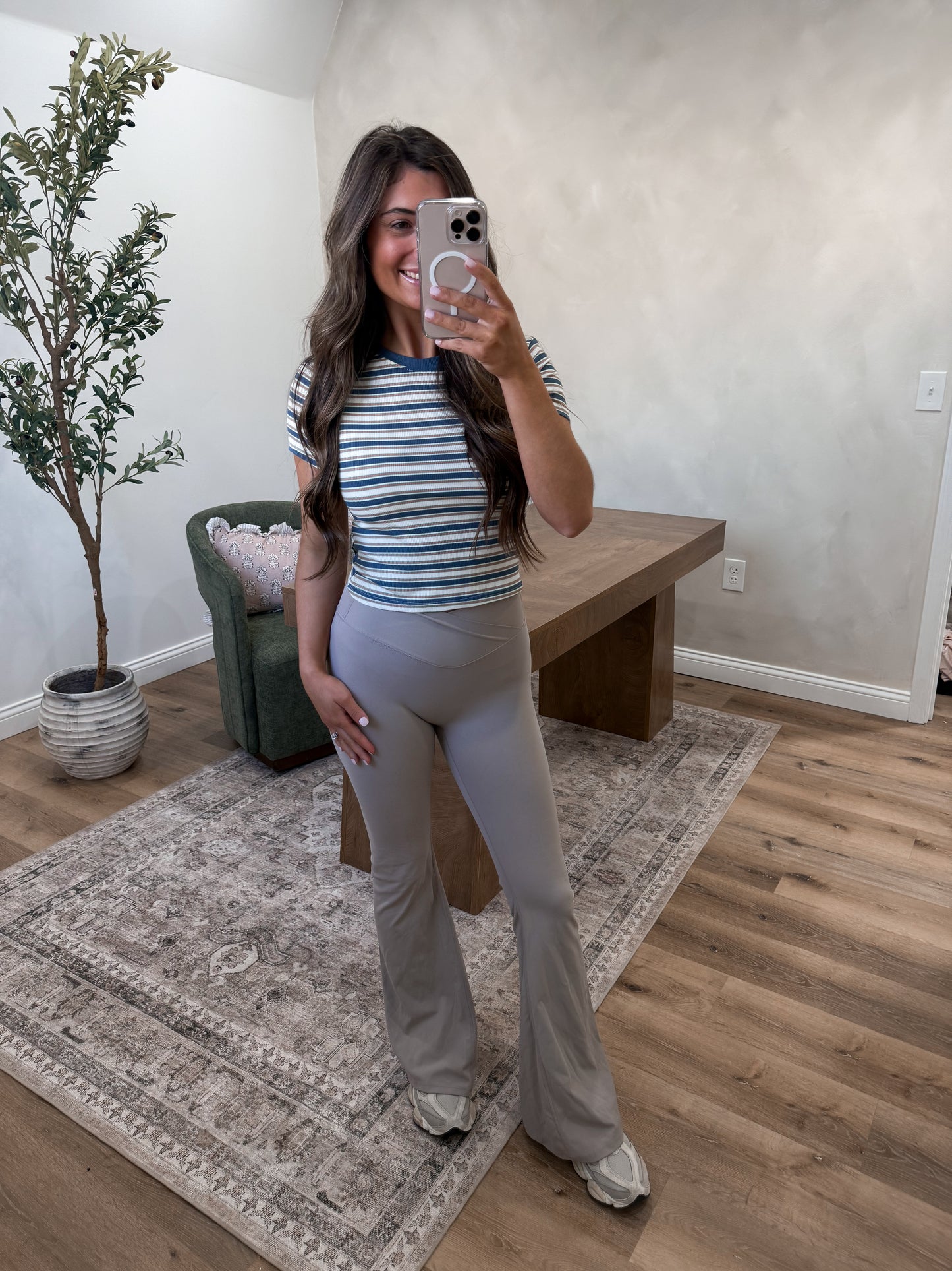 Striped Rayon Ribbed Crop Tee - teal / sage *RESTOCK*