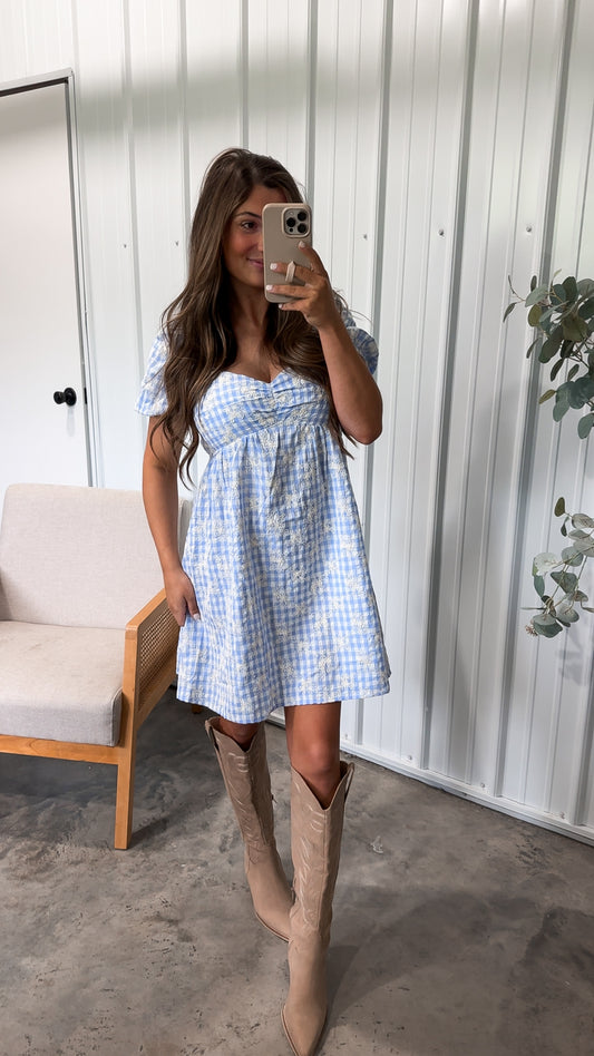 Embroidered Sweetheart Gingham Mini Dress