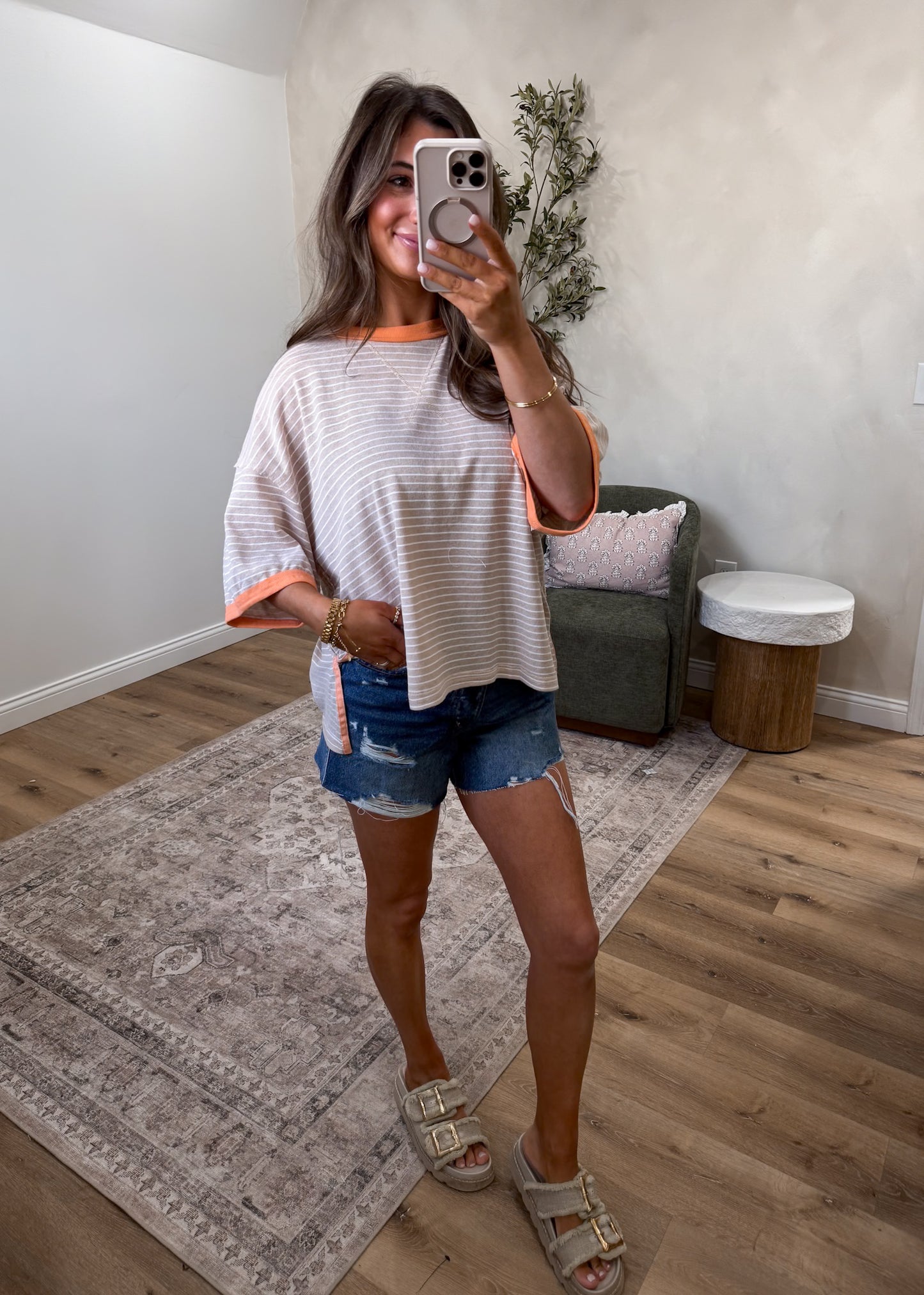 Urban Ease Striped Contrast Tee - linen multi