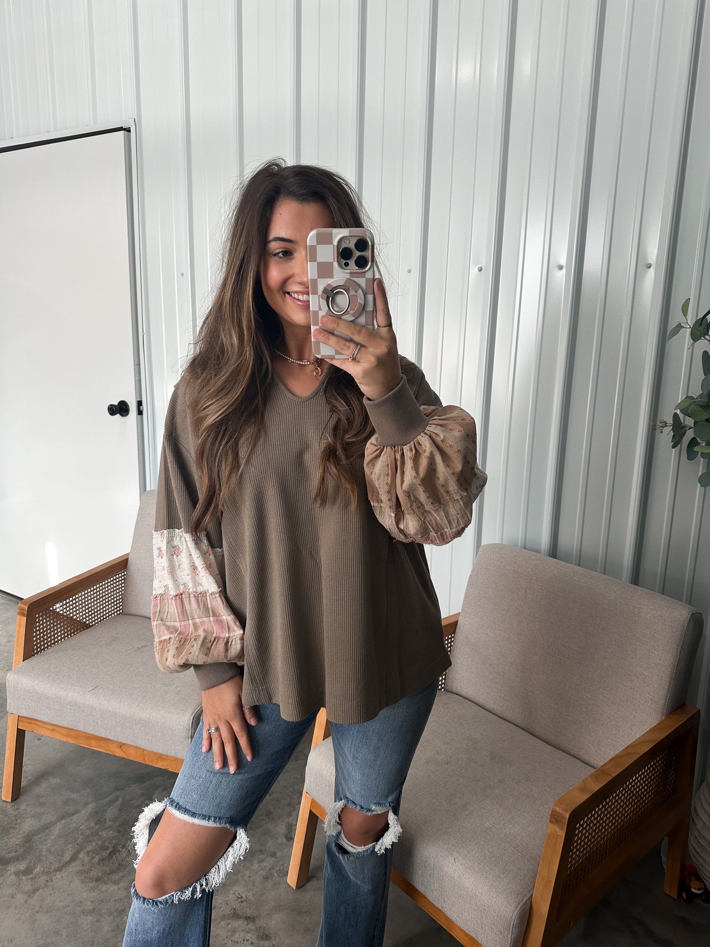 Mixed media thermal pullover - mocha