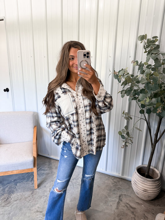 Mixed Media Flannel-navy/brown