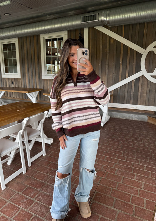 High Neck Stripe Sweater- Brown/Mauve