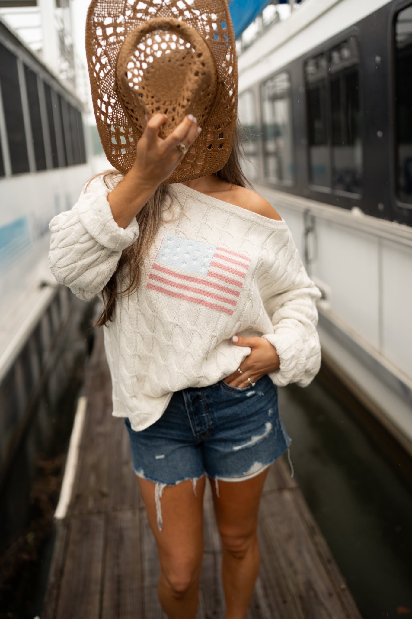 Boat Neck American Flag Sweater - cream