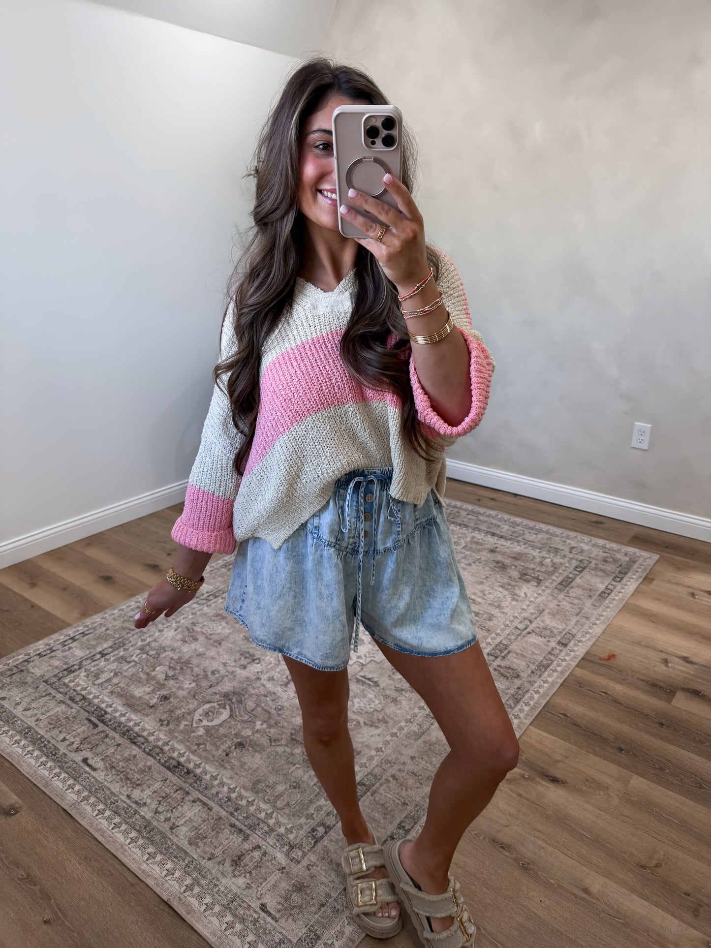 The Eliza Split Neck Stripe Sweater - coral pink