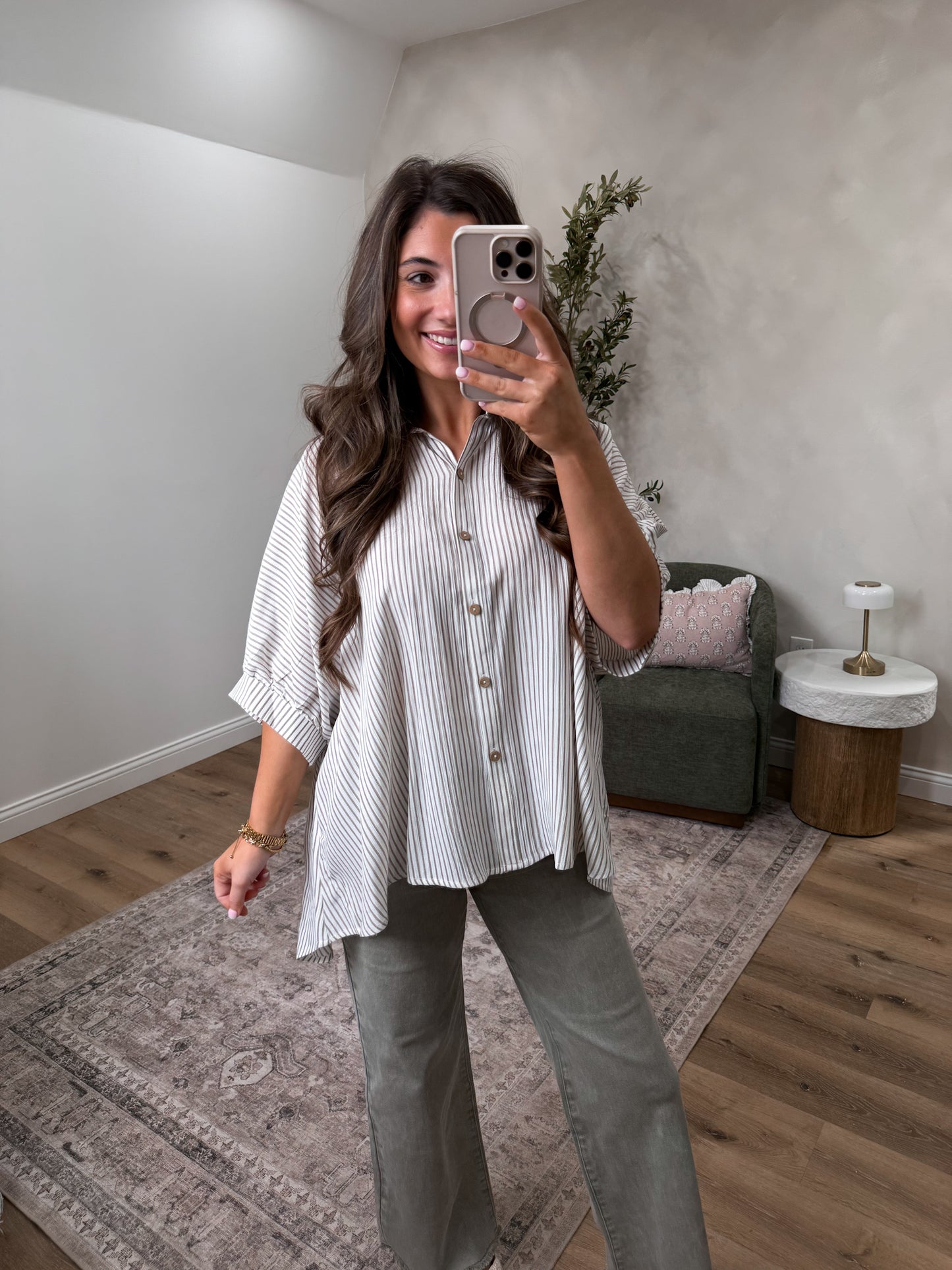 Myah Striped Boxy Button down - taupe