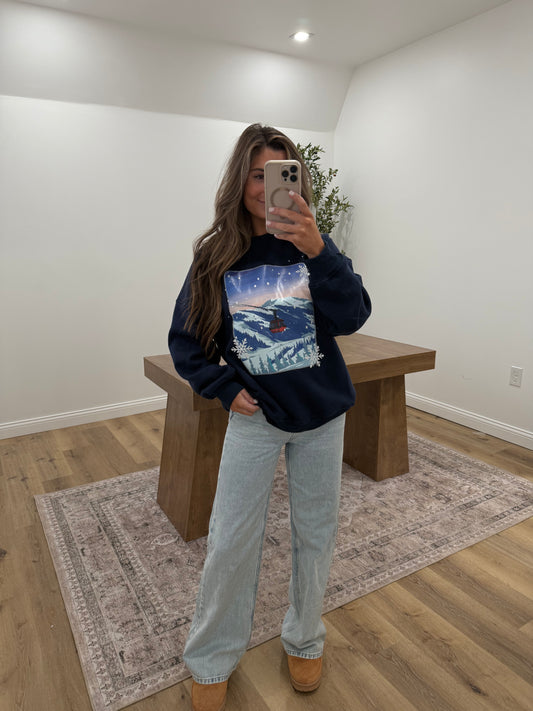 Snow Ski Mountain Graphic Sweatshirt- Navy