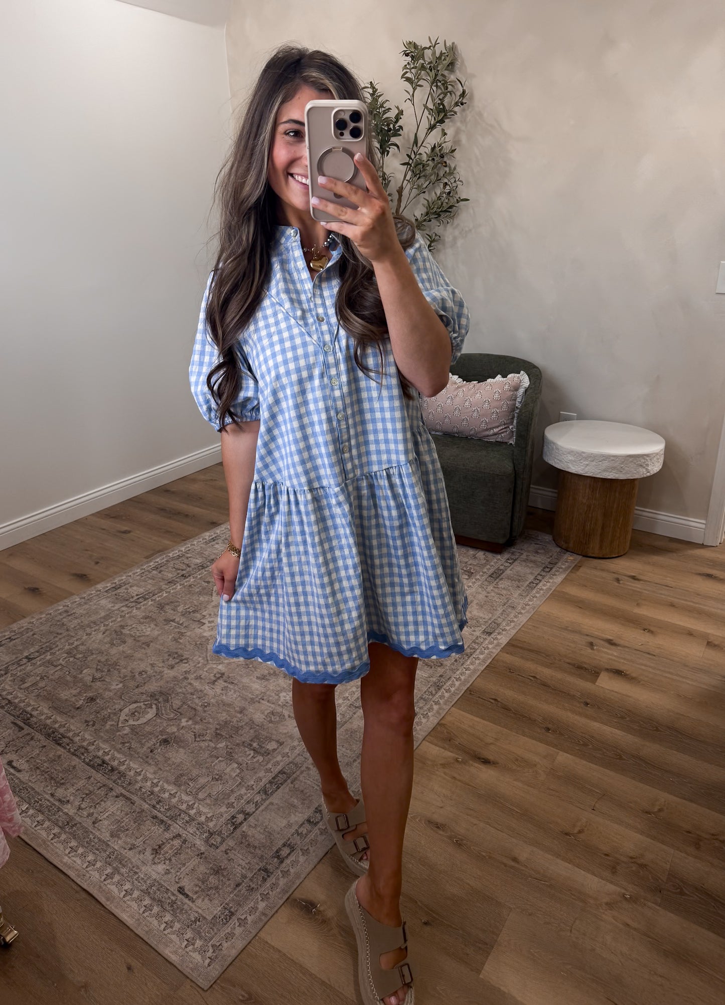 Free Flowing gingham Mini Dress - sky blue