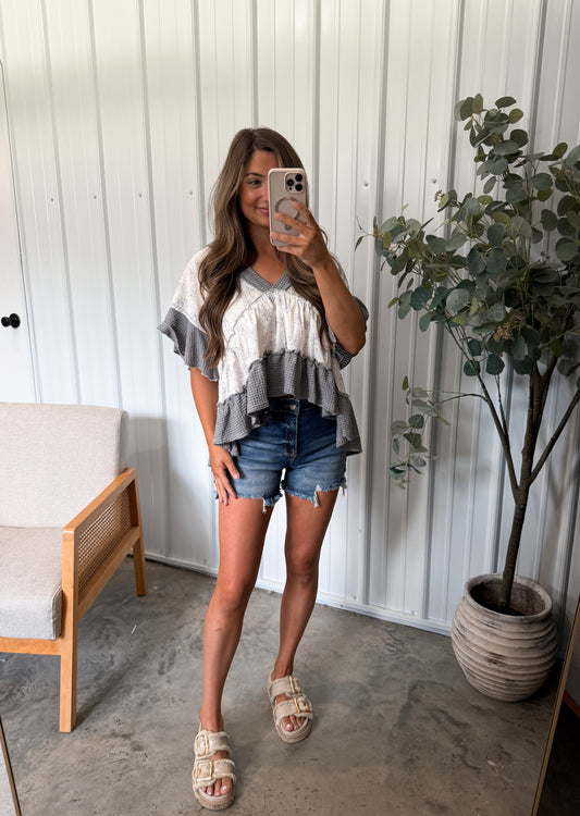 Adrina Woven Ruffle Tee- charcoal