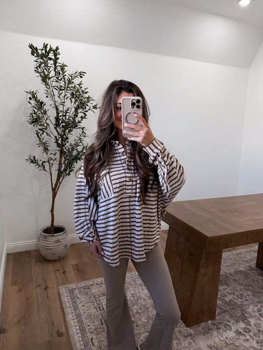 Textured Striped Collared Top- Caramel