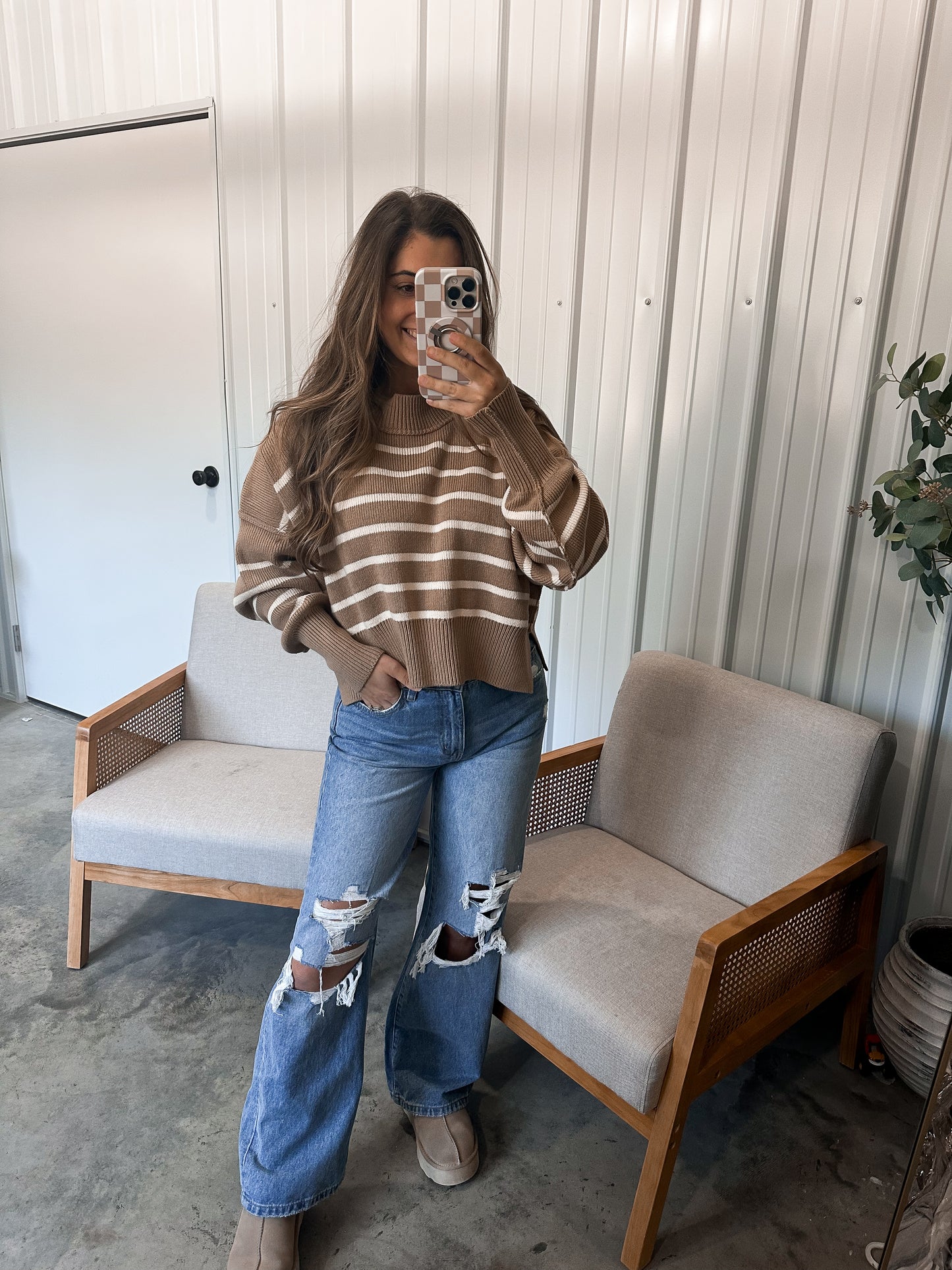 Molly Mock Neck Striped Sweater- Taupe/Cream