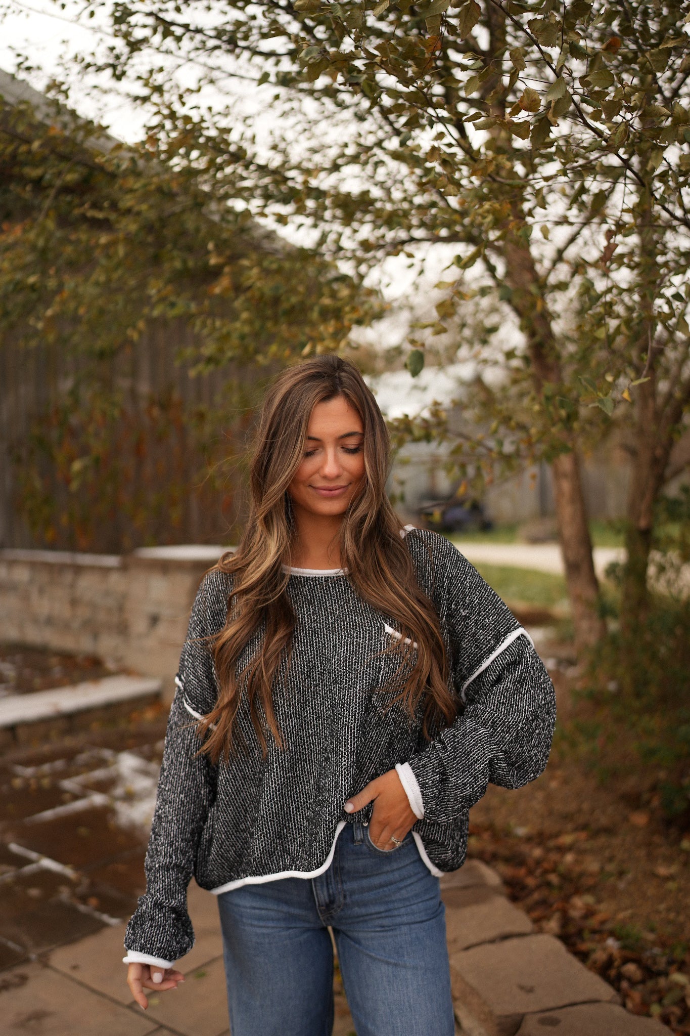 Contrast Trim Textured Sweater- Black DOORBUSTER!