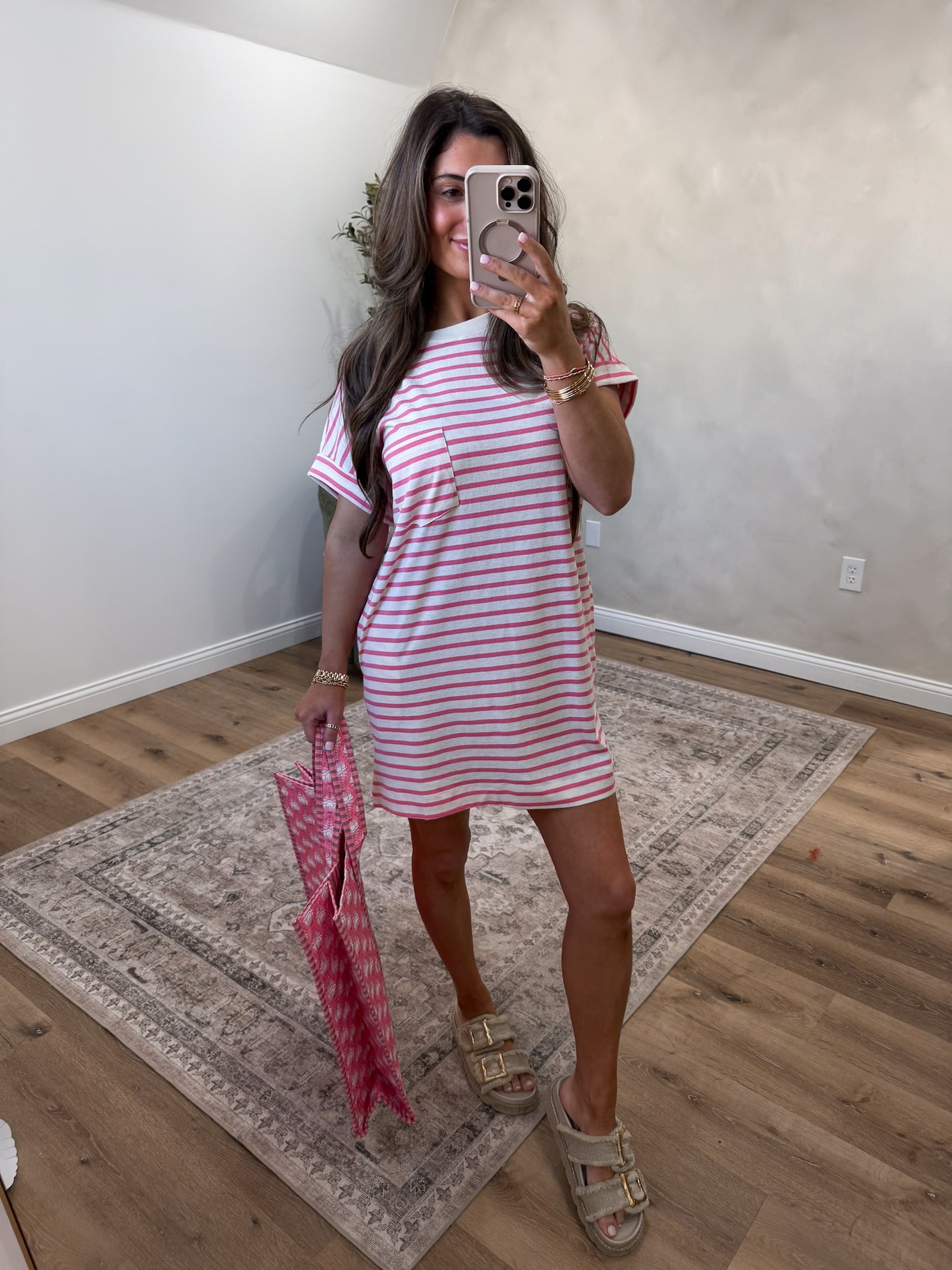 Everyday Striped Tshirt Dress - pink