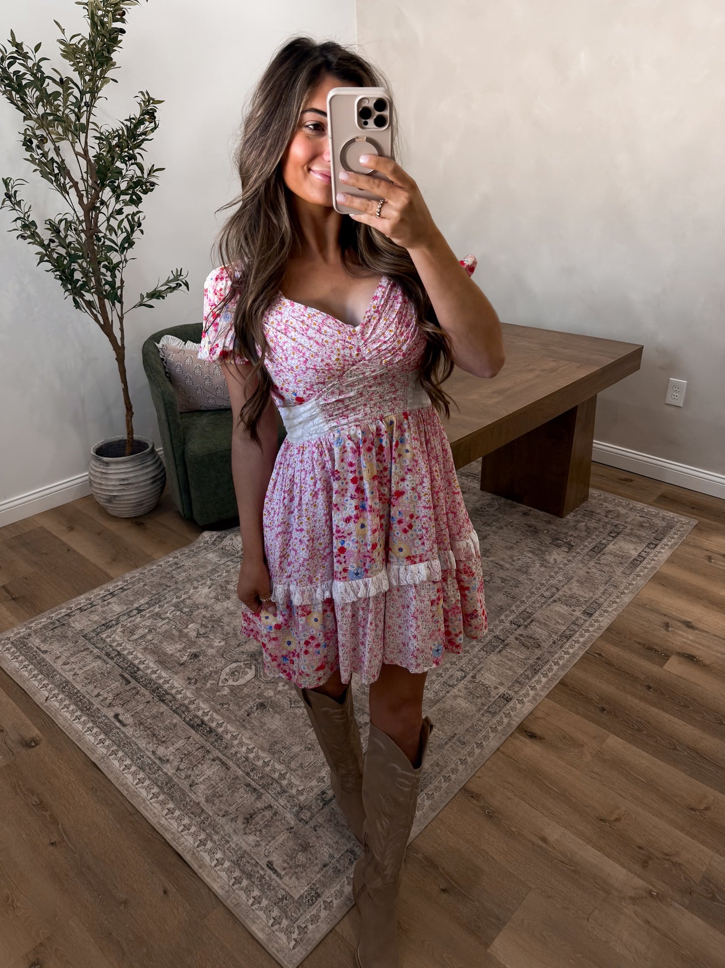 Lovely Lace Mini Dress - pink floral