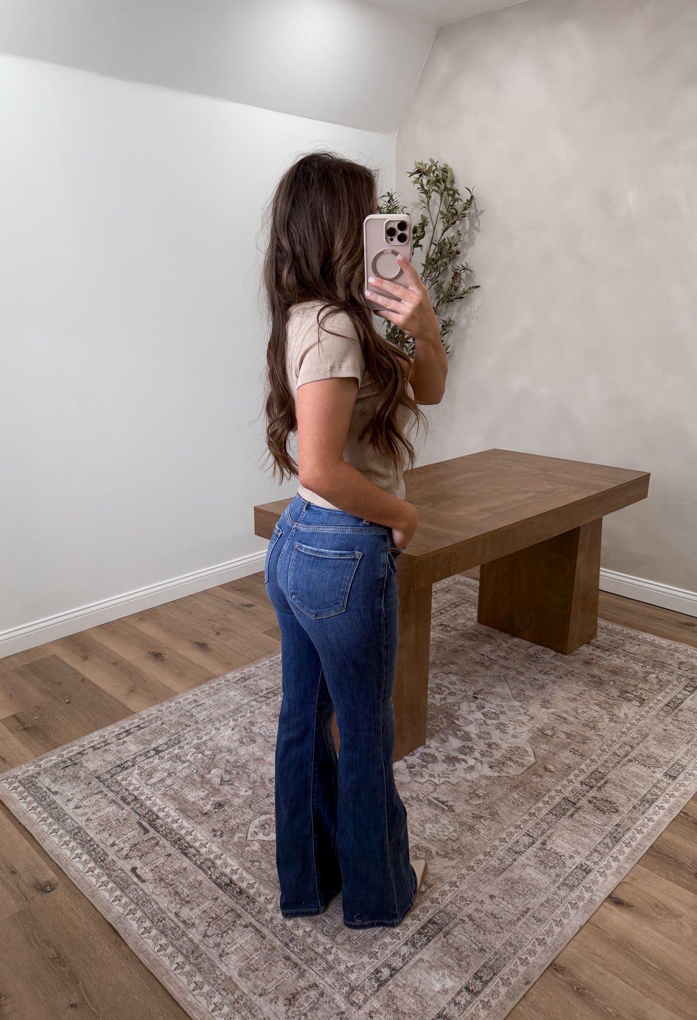 Tummy Control High Rise Exposed Seam Flare Jeans- Dark
