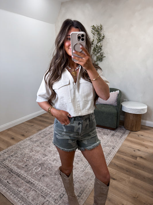 Sawyer High Rise Camo Denim Shorts - camo *PREORDER FOR 4/15*