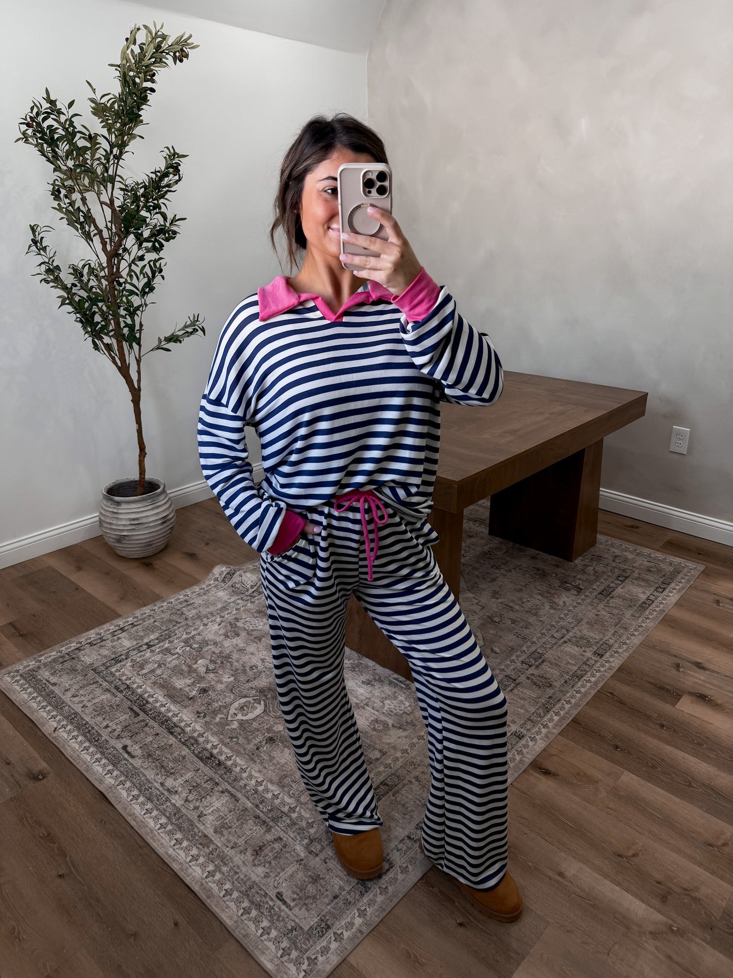 Color Pop Striped Lounge Set- Navy/Pink