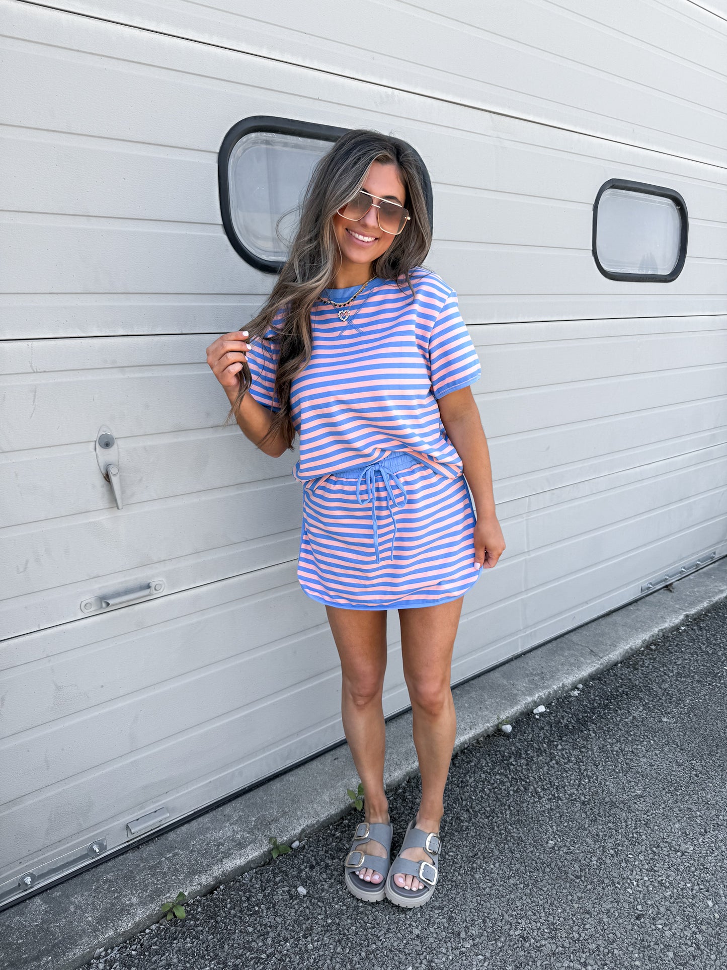 Summer Waves Striped Skort Set - blue/pink