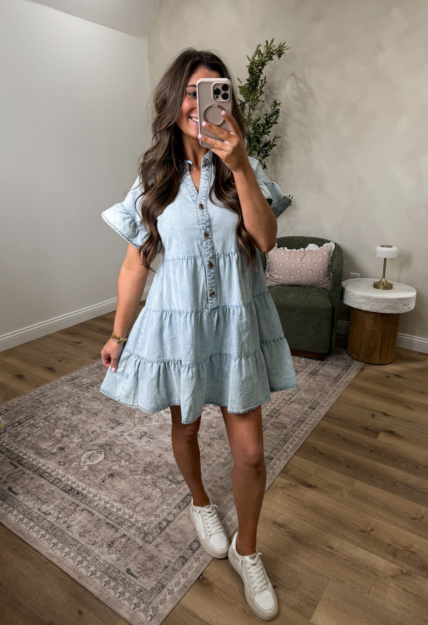 Calista Mineral Washed Chambray Mini Dress - light indigo
