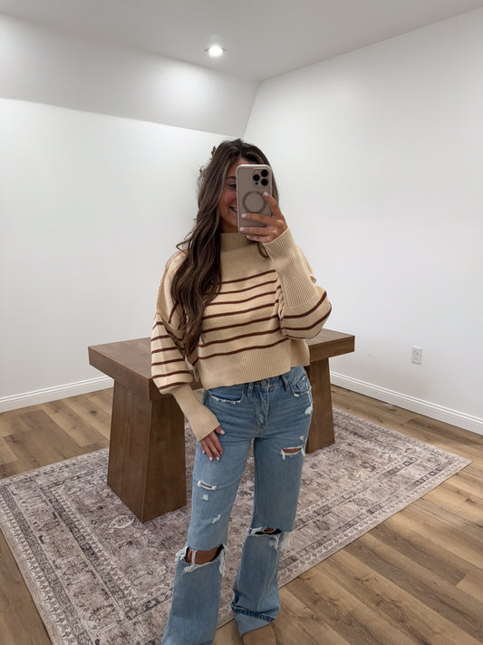 Striped Mock Neck Cropped Sweater- brown