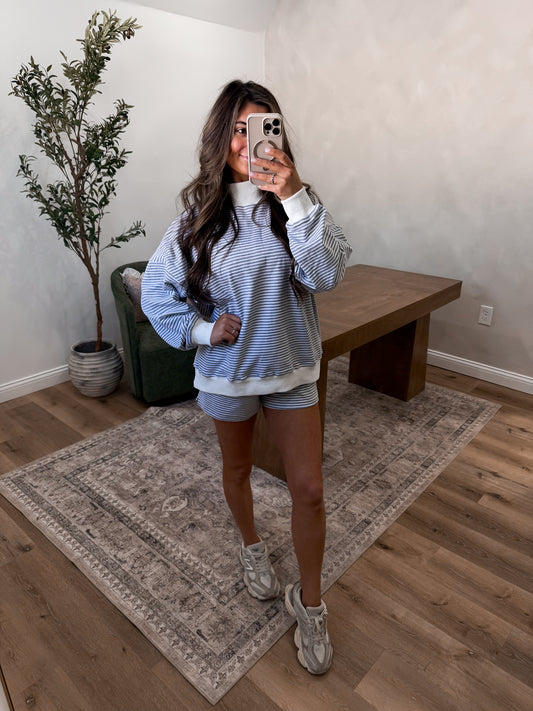 Marley Mock Neck Striped Set- Grey/white