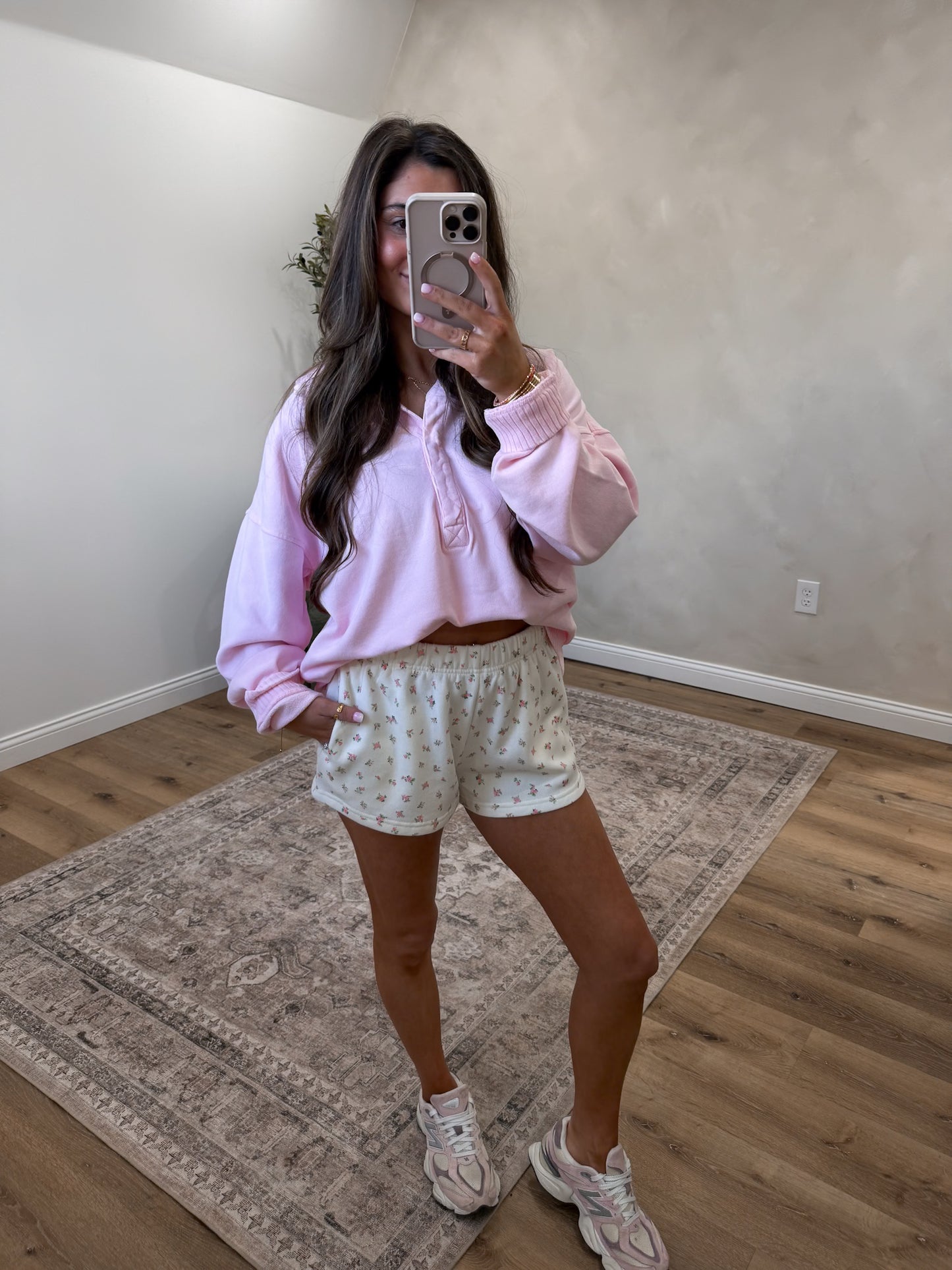 Nora Ditsy Floral French Terry Shorts - pink