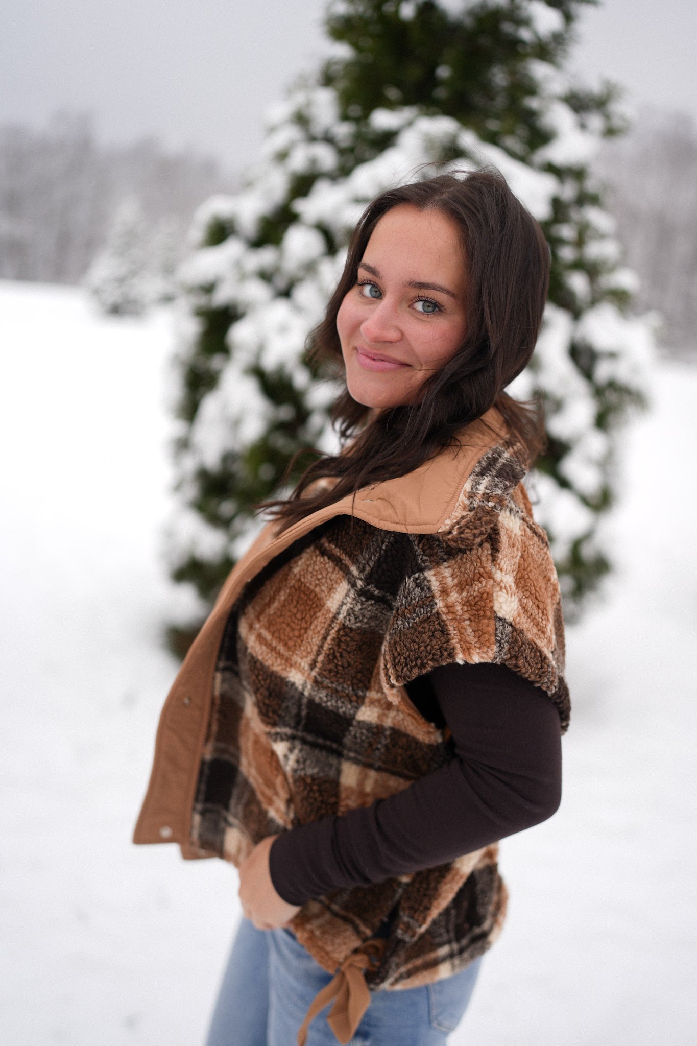 Plaid Sherpa Faux Oversized Vest- Brown