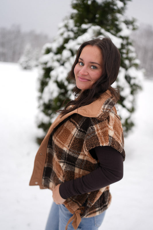 Plaid Sherpa Faux Oversized Vest- Brown