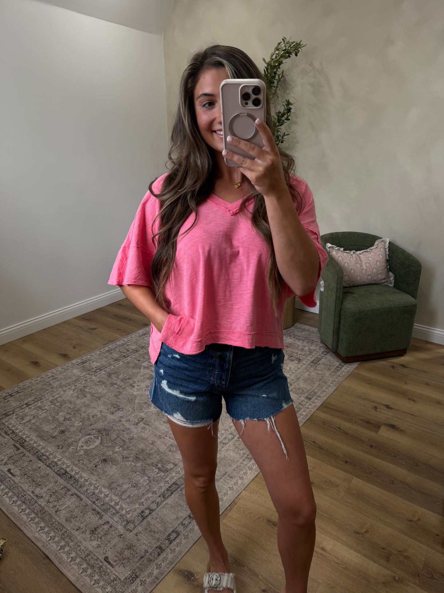 Emily Vintage V-Neck Top - pink