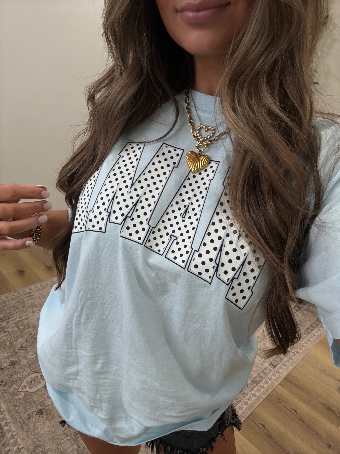 “MAMA" Chambray Polka Dot Tee - blue