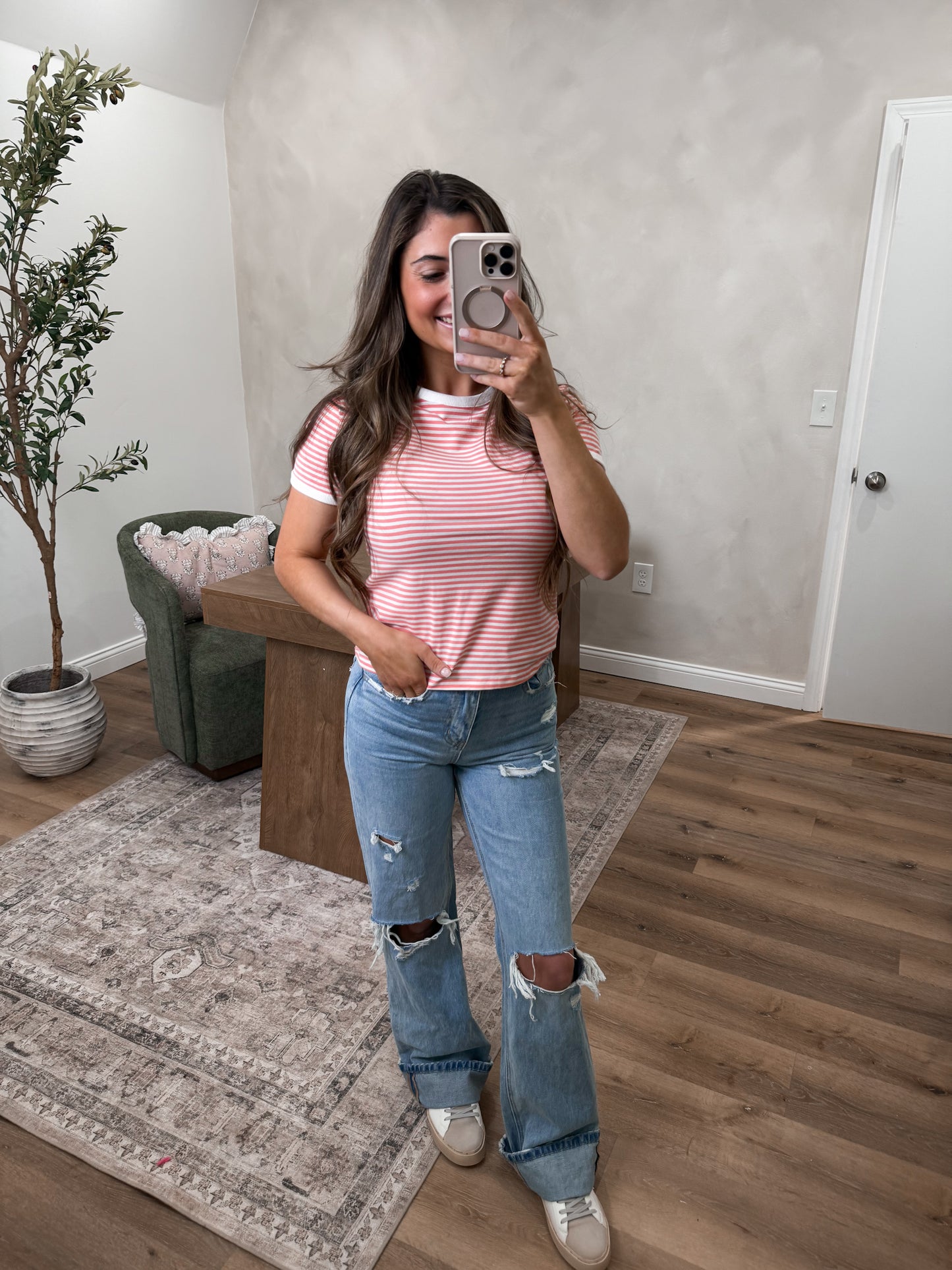 Peyton Striped Tee- Coral
