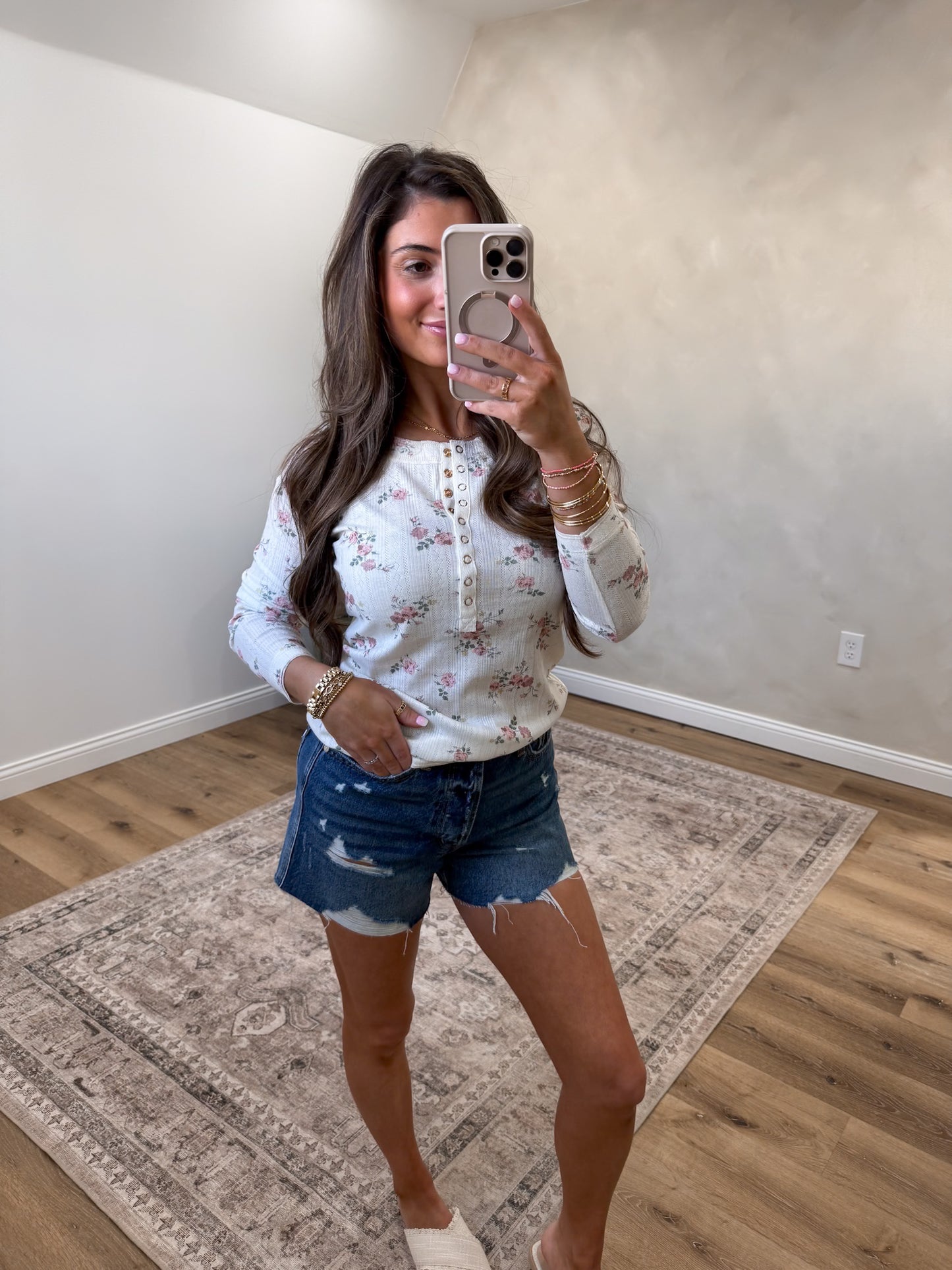 Soft Blooms Floral Henley Top - dusty rose