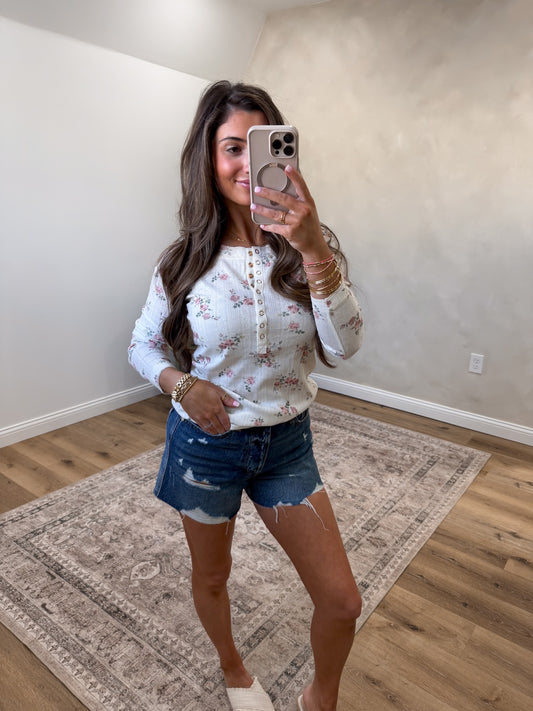 Soft Blooms Floral Henley Top - dusty rose