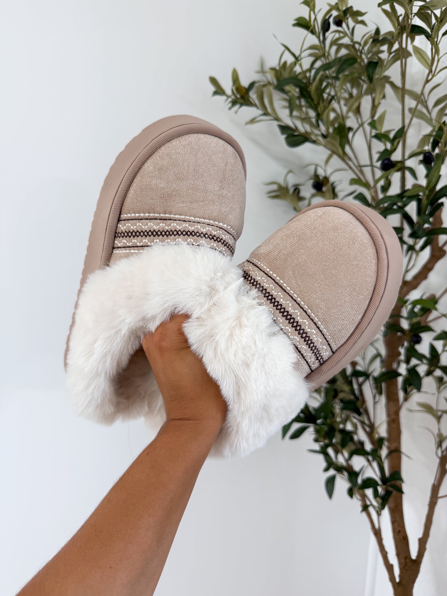 Faux Fur Suede Mule Slippers With Embroidered Trim - Cabin Fever 2 colors